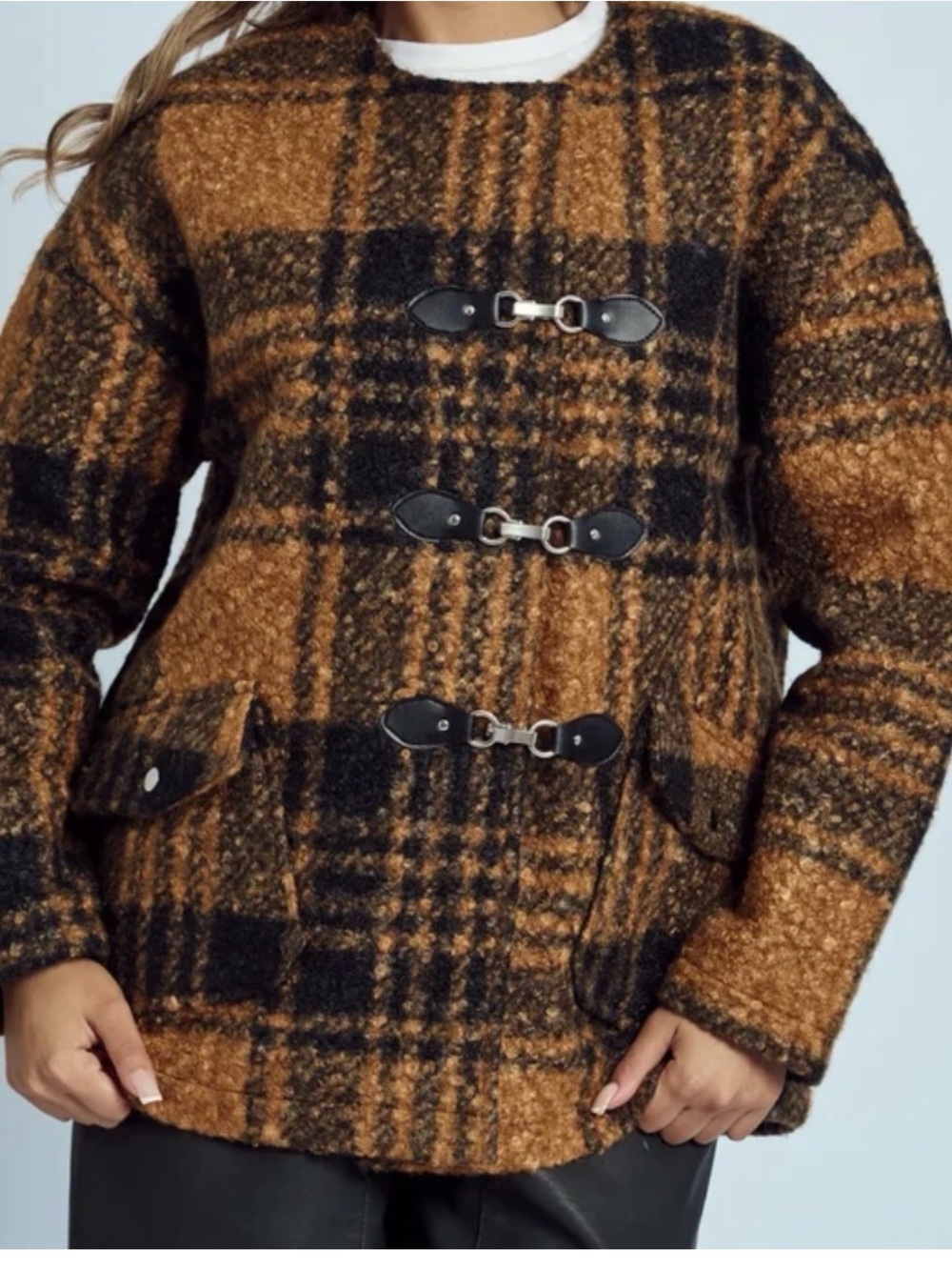 NATIVE YOUTH Black and Brown Plaid Toggle Pea Coat